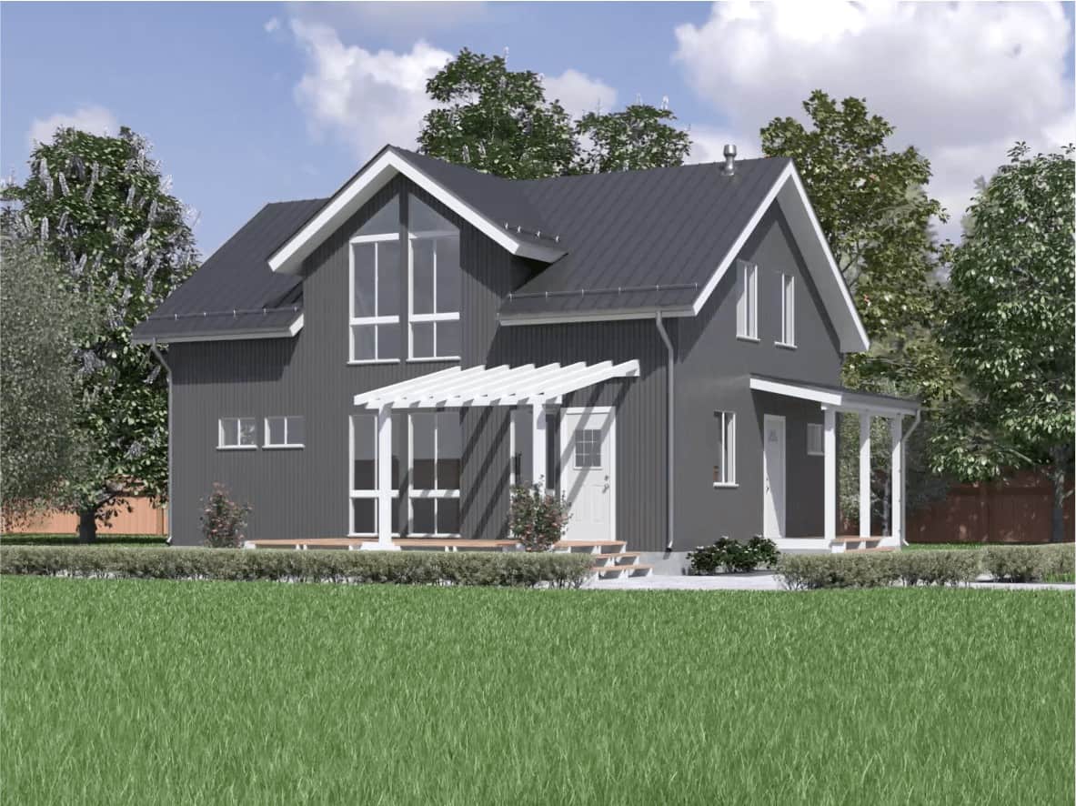 An image of a gray house model created with HOVER Design Studio, from Roofing For Troops' website to advertise their James Hardie fiber siding services