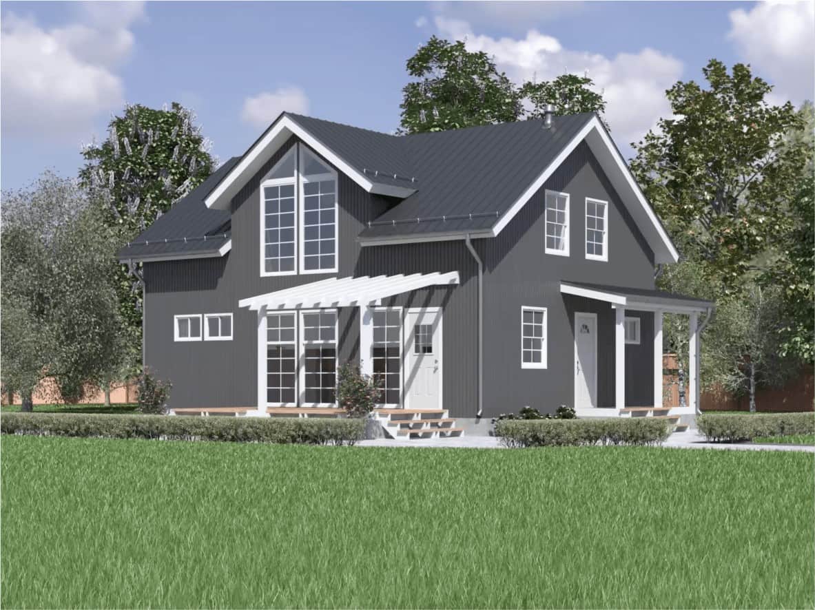 This is an image of a house model created with HOVER Design Studio, from Roofing For Troops' website, specialist roofers near the Milford Ohio area, to advertise their James Hardie fiber siding services