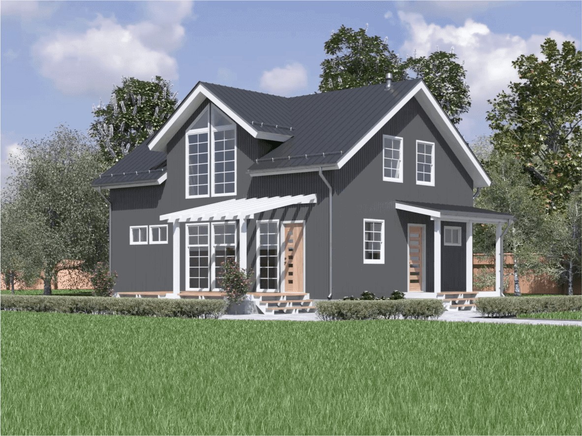 This is an image of a house model created with HOVER Design Studio, from Roofing For Troops' website, specialist roofers near the Milford Ohio area, to advertise their James Hardie fiber siding services